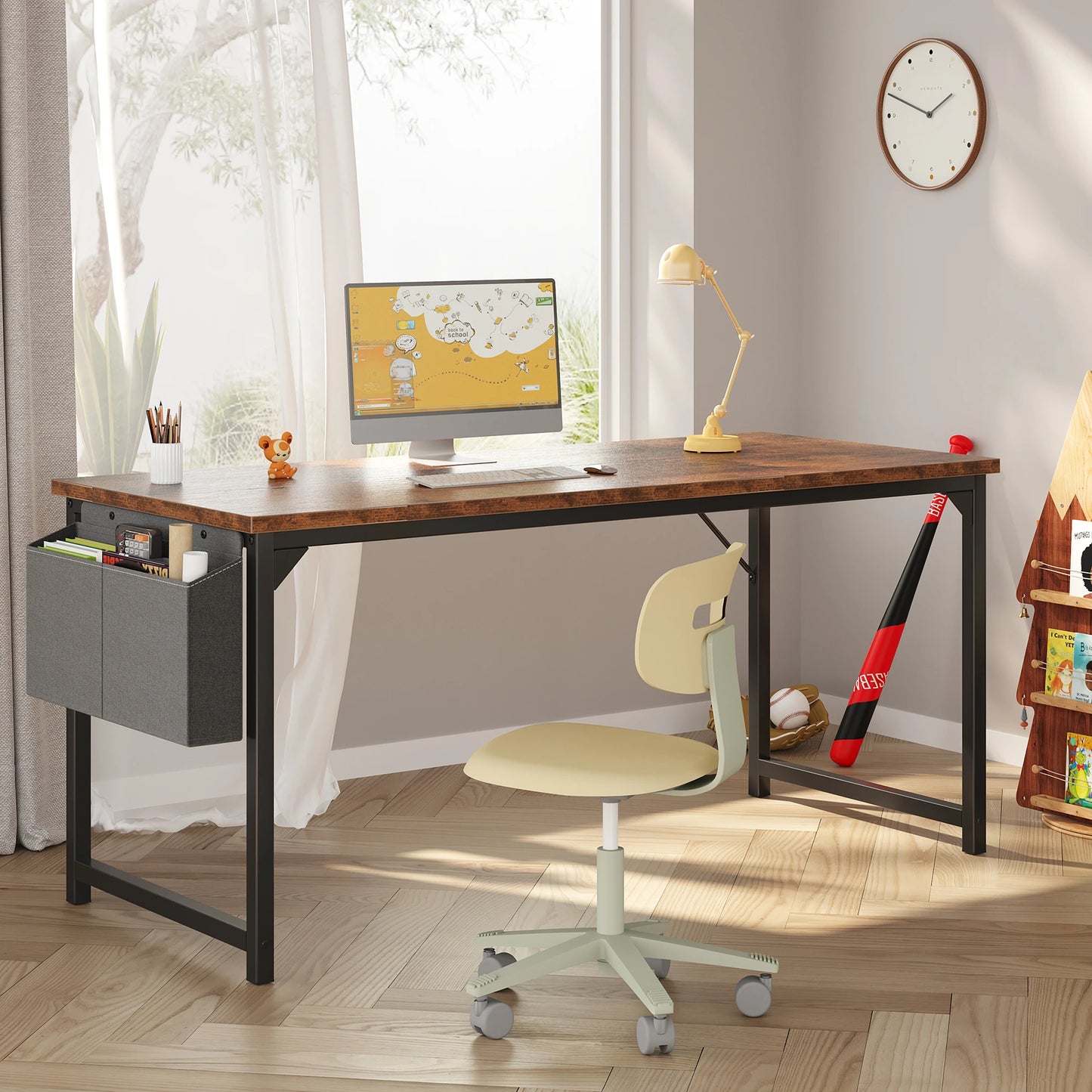 JHK Adjustable Computer Desk With Storage Bag Metal Frame Wood Top Assembly