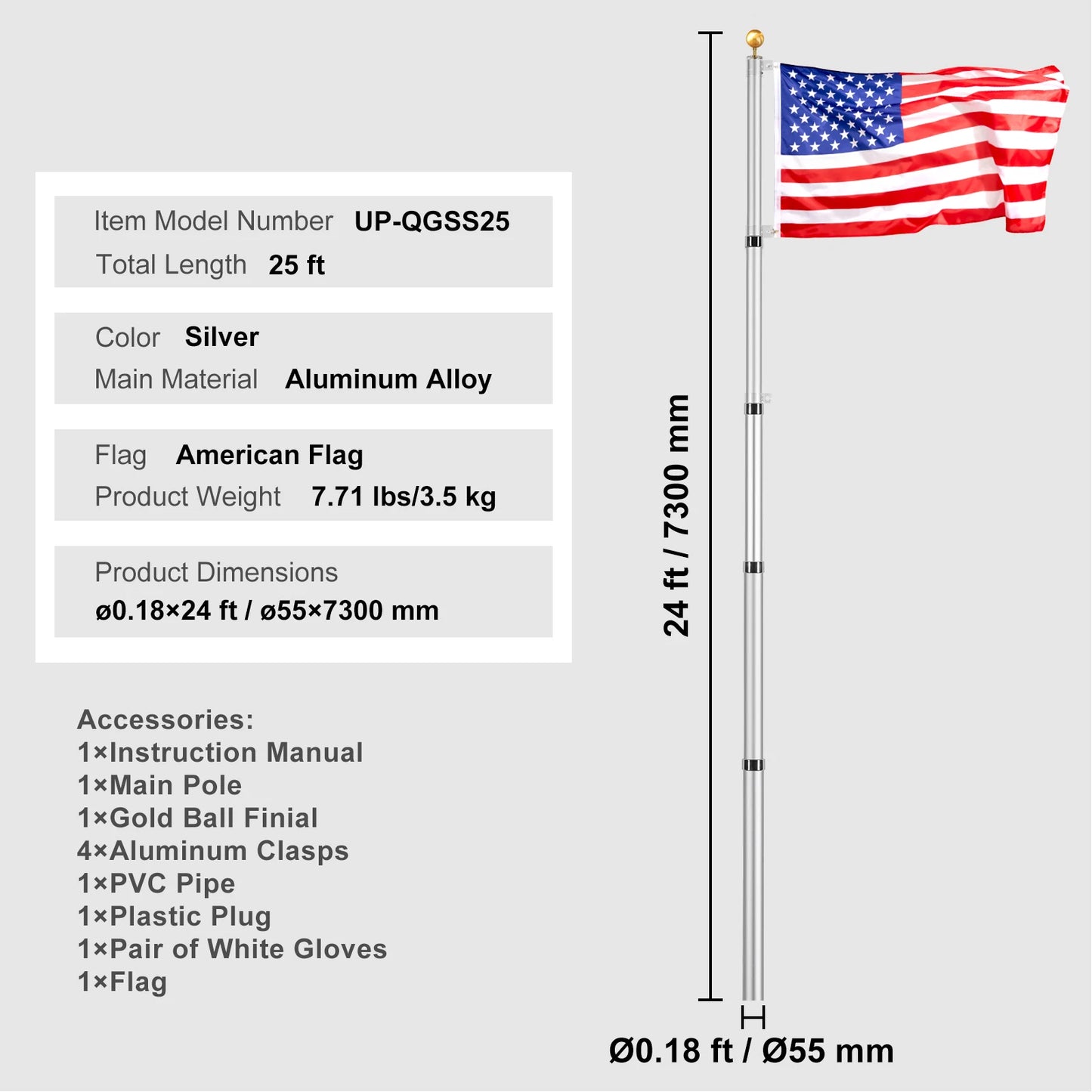 VEVOR 16 To 30 Ft In Ground Aluminum Flag Pole Kit With American Flag