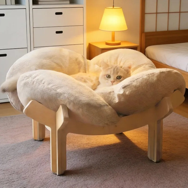 Wooden High Leg Cat Bed With Plush Cushion For Pets