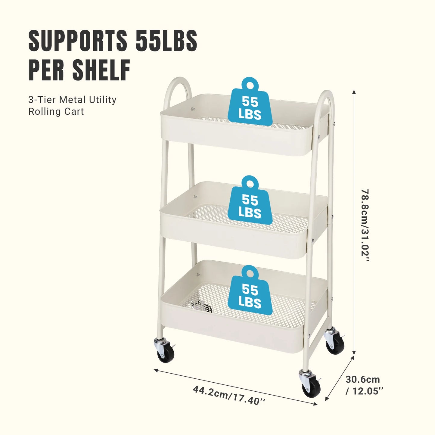 JHK Three Tier Metal Storage Cart With Lockable Wheels
