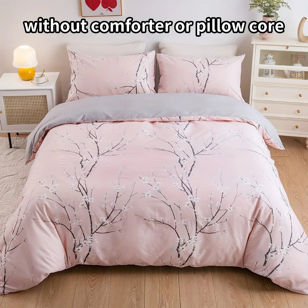 Plum Blossom Print Three-Piece Quilt Cover Set, Skin Friendly Bedding