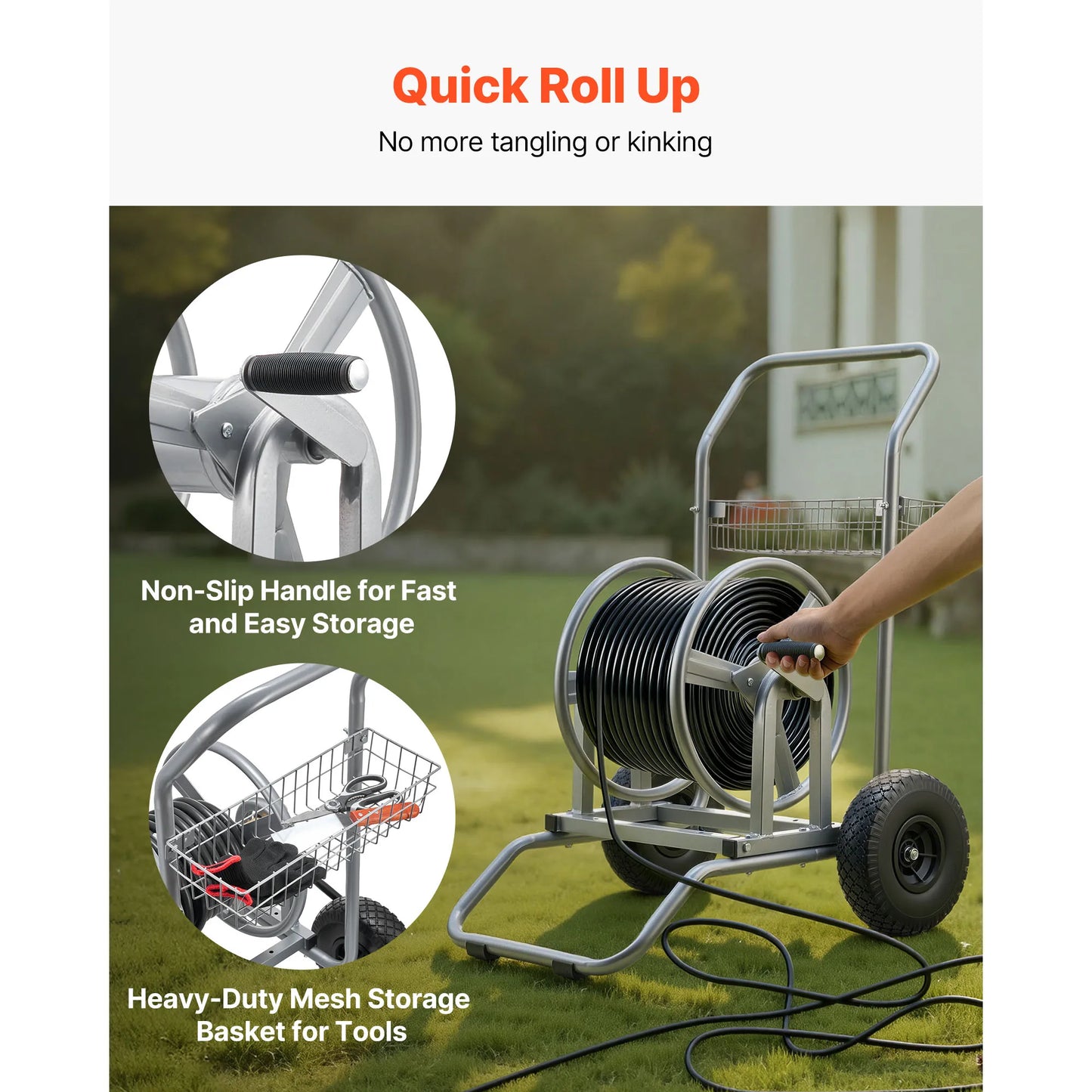 Water Hose Reel Cart With Mesh Basket And Dual Wheels