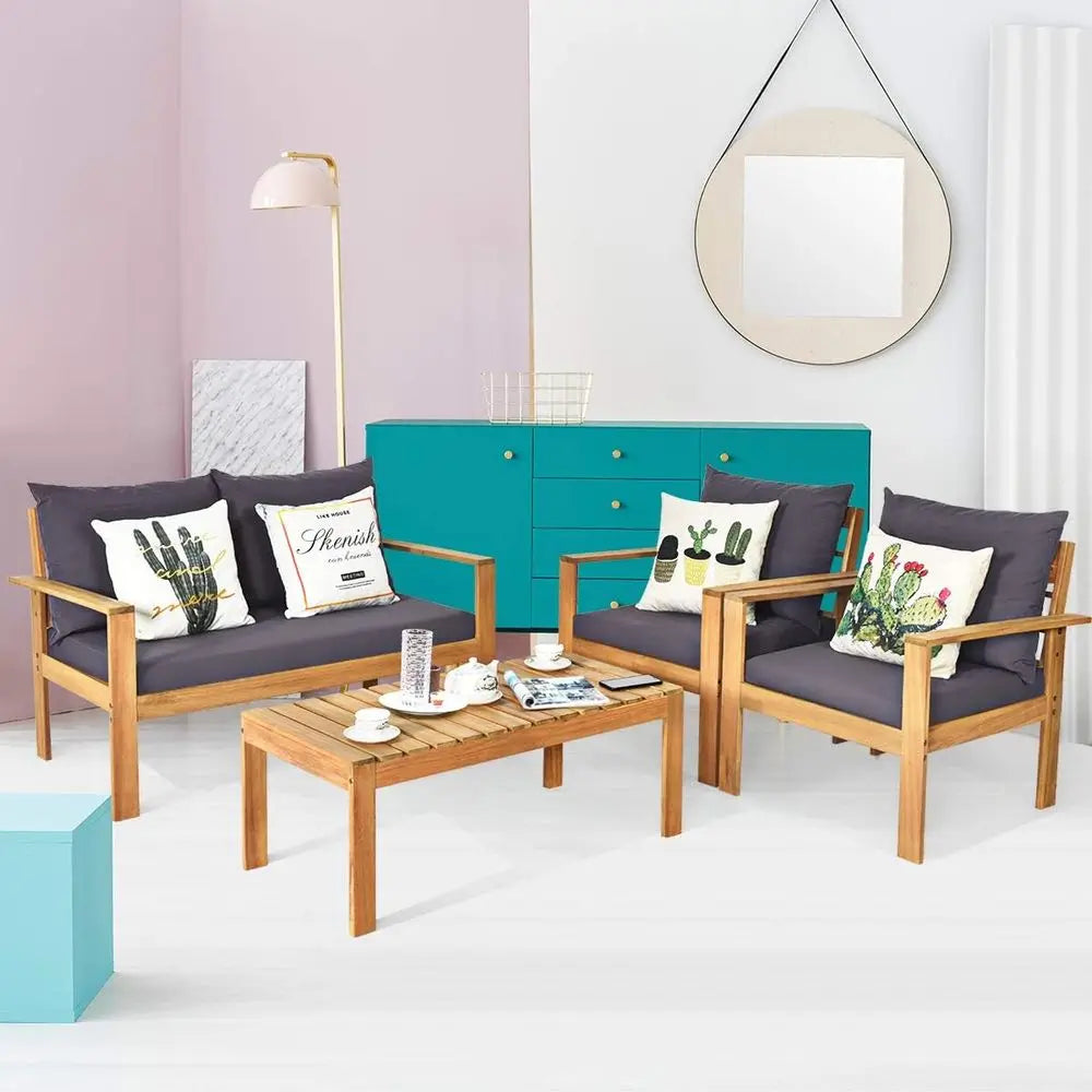4 Piece Outdoor Acacia Wood Dining Set With Table And Cushions
