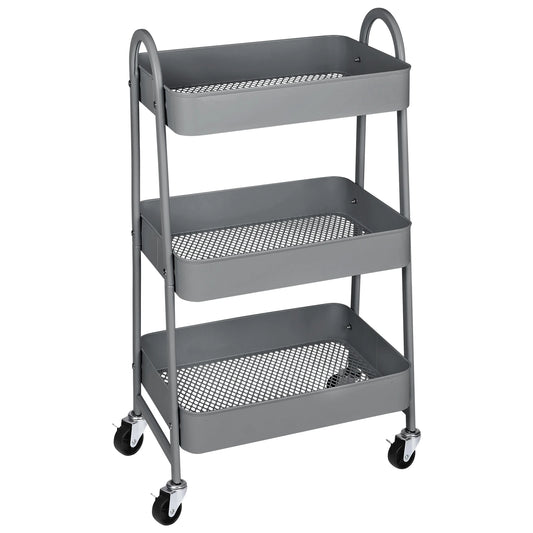 JHK Three Tier Metal Storage Cart With Lockable Wheels