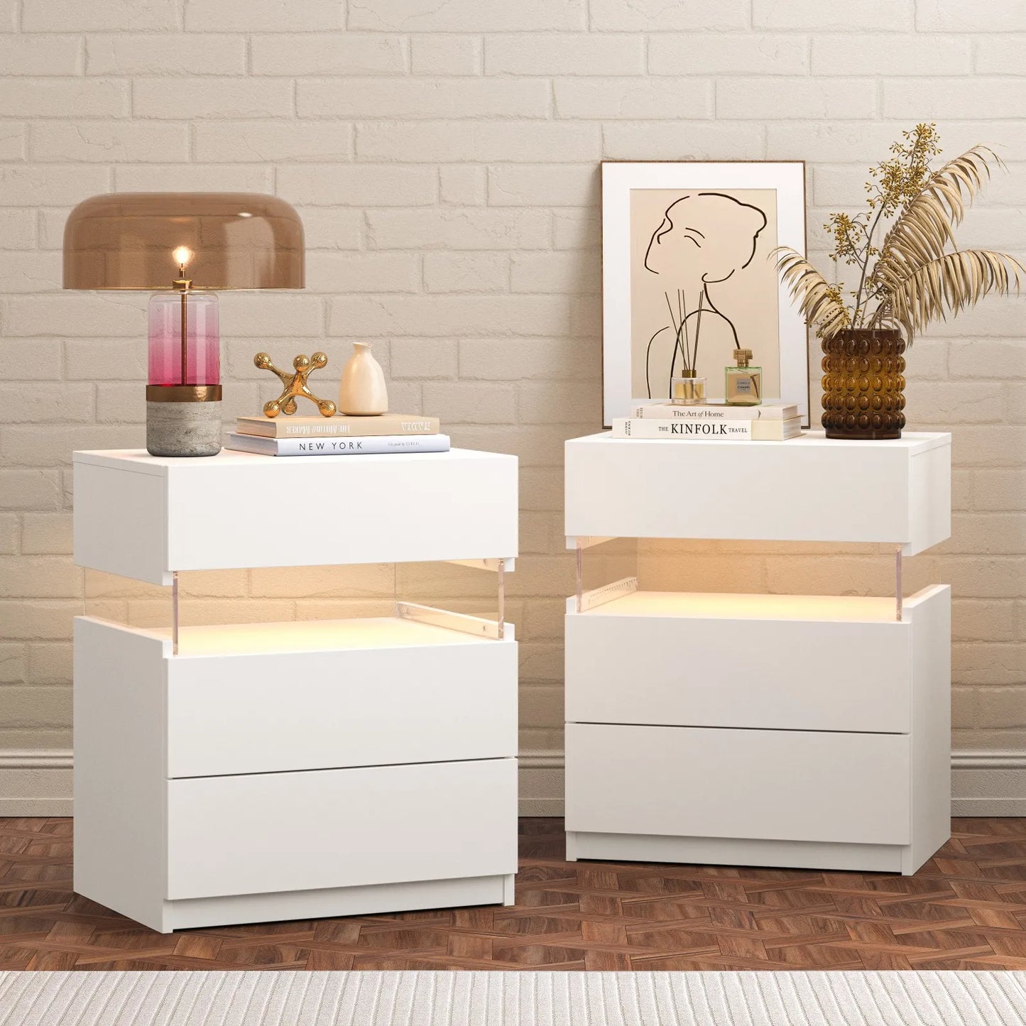 Cubehom Bedside Tables With LED Lighting, Two Drawer Nightstands