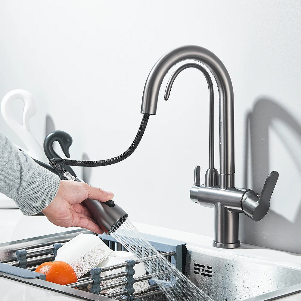 Onyzpily Deck Mounted Brass Dual Handle Kitchen Faucet