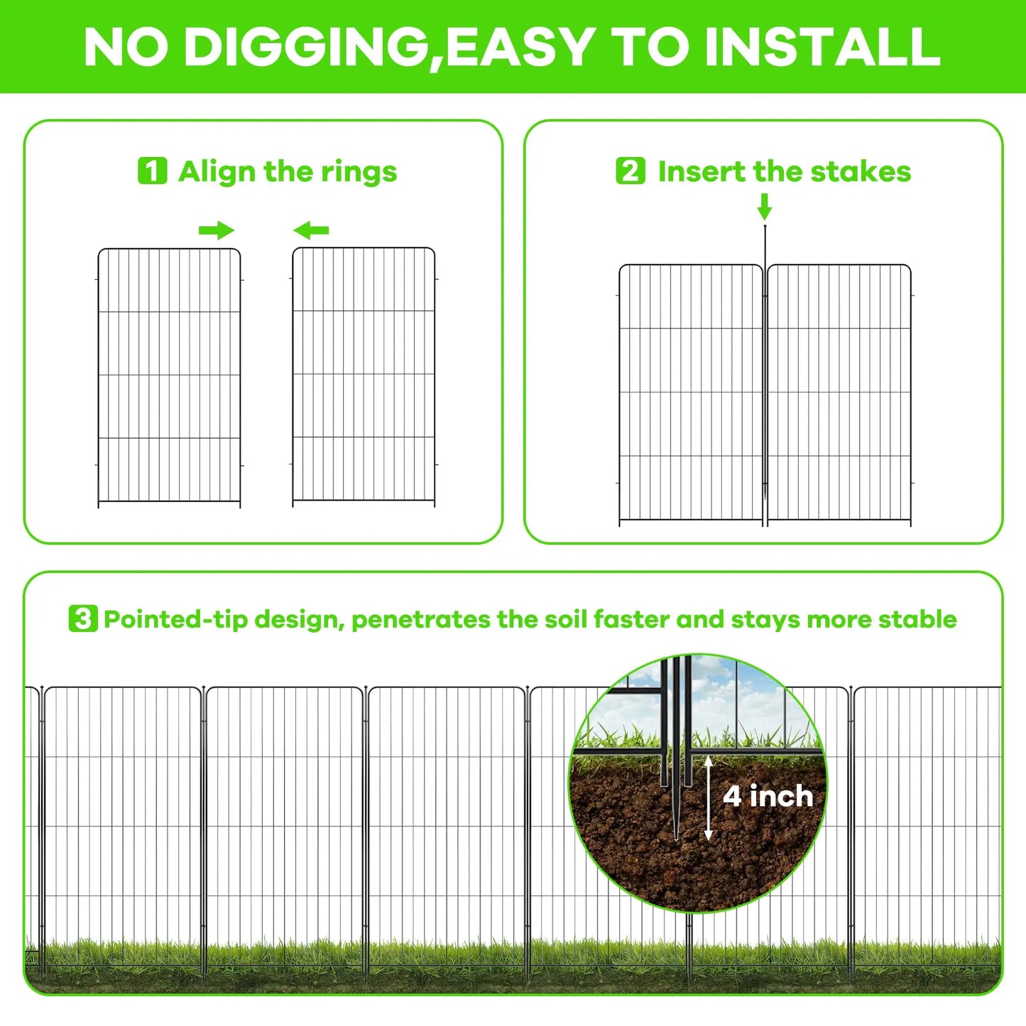 HiMISS 8 Pack Metal Garden Fence No Dig Outdoor Yard