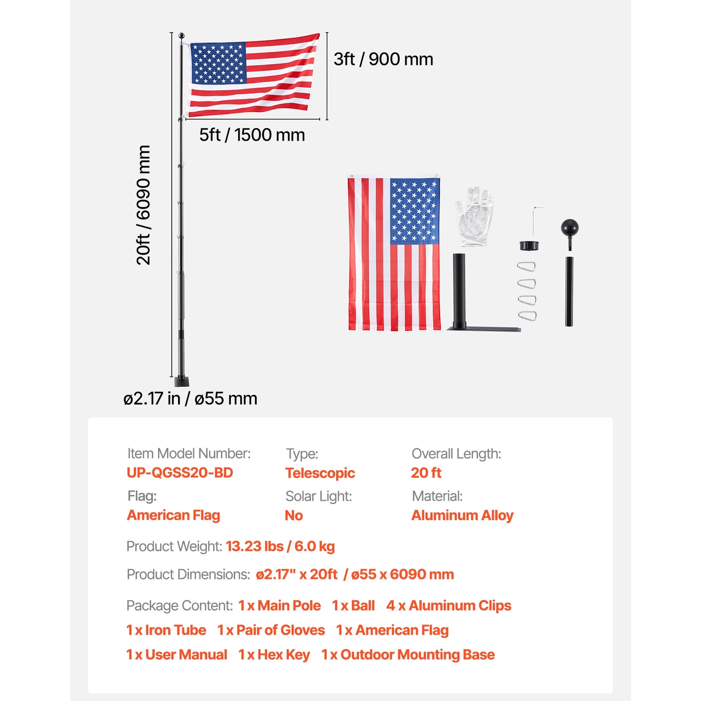 VEVOR Aluminum Flag Pole Kit for Yard With American Flag