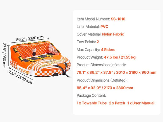 SucceBuy Towable Tube For Boating 1-4 Riders With 2 Towing Points