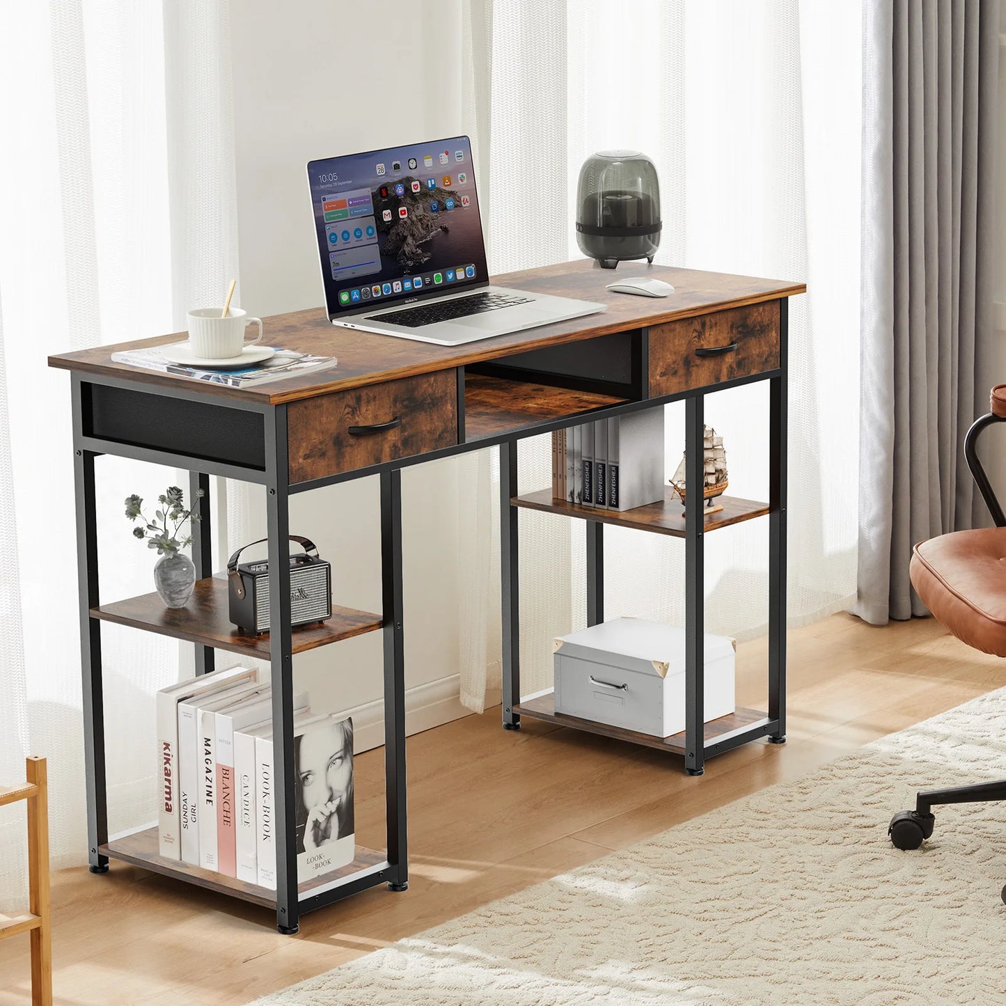 JHK Gaming Desk With Fabric Drawers And Storage Shelves