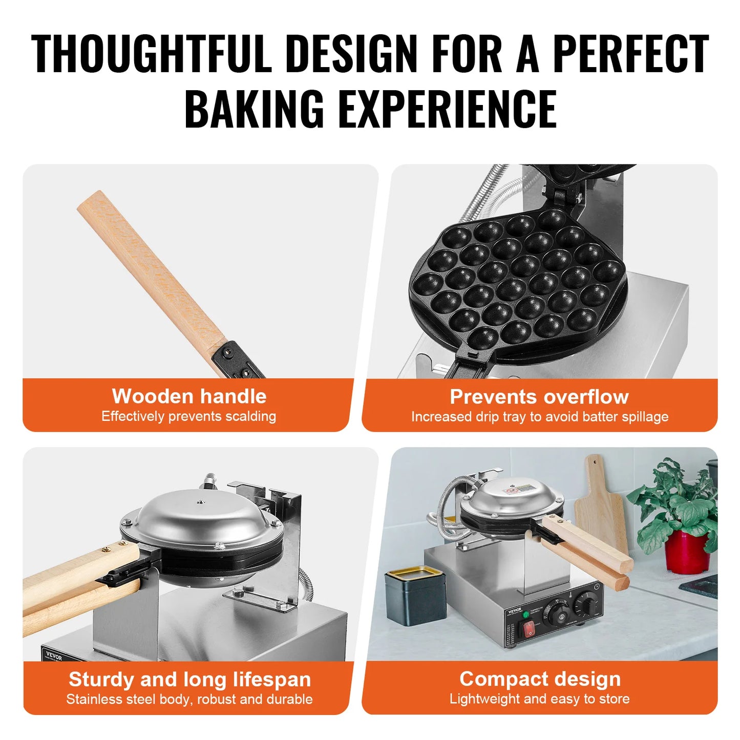 SucceBuy Commercial Egg Bubble Waffle Maker 1400W Rotatable
