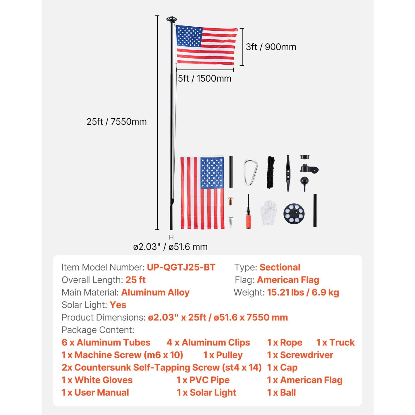 VEVOR 16 To 30 Ft In Ground Aluminum Flag Pole Kit With American Flag