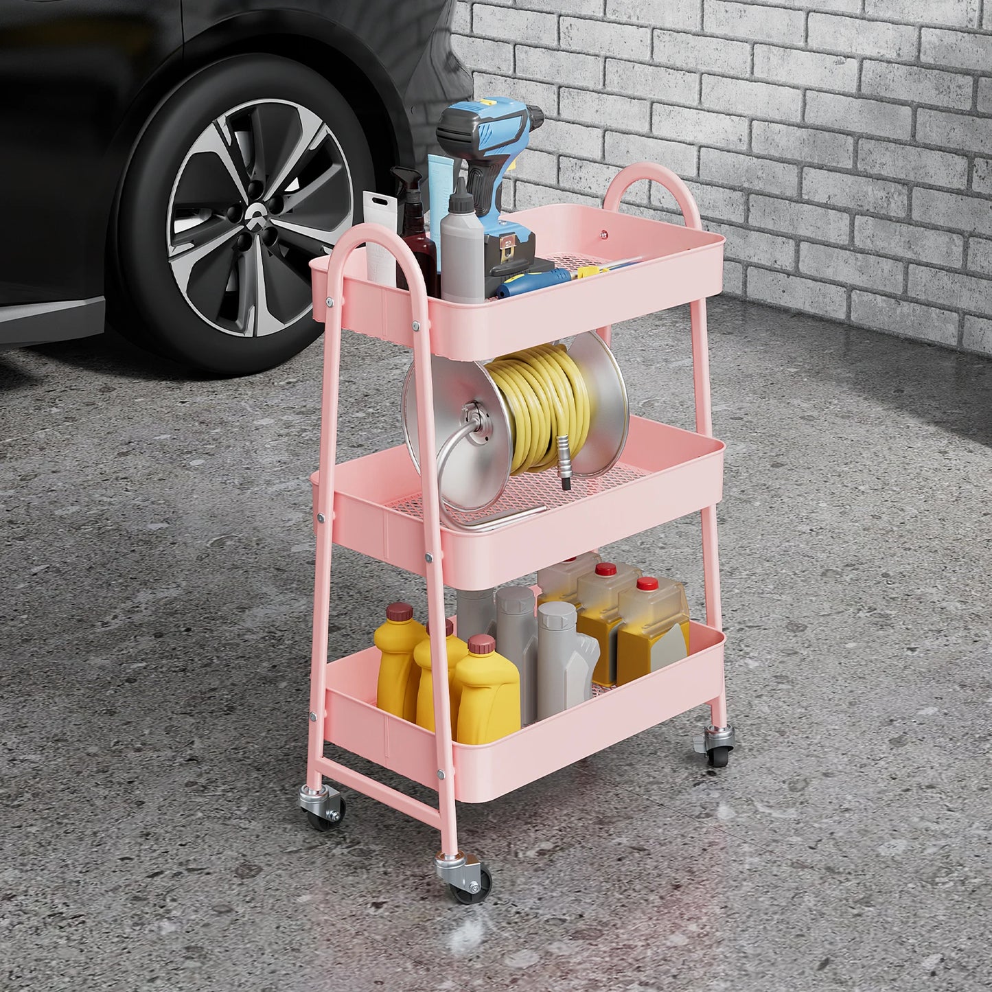 JHK Three Tier Metal Storage Cart With Lockable Wheels