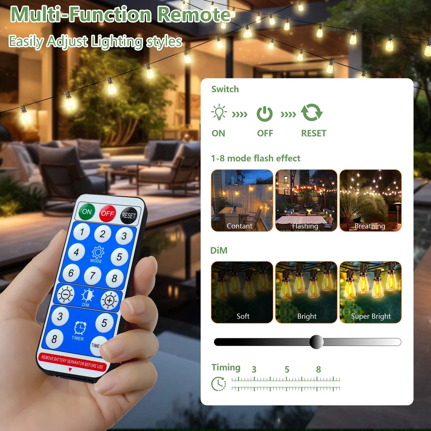 ARLGSITE Solar Outdoor String Lights IP65 Waterproof LED Bulbs