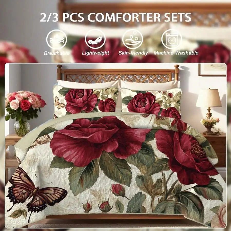 Purple Floral Grid Print Quilt Set Lightweight Breathable Polyester Cotton