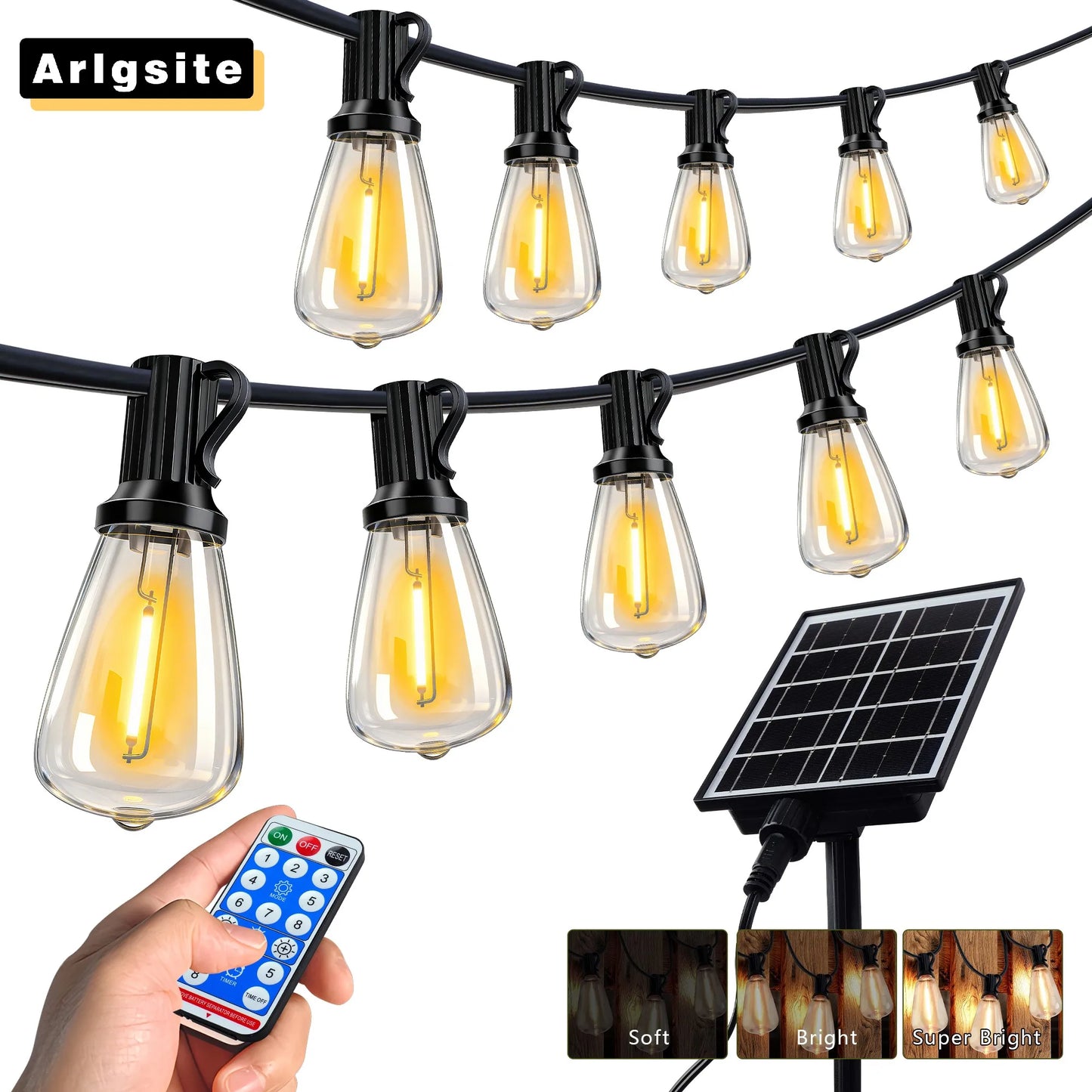 ARLGSITE Solar Outdoor String Lights IP65 Waterproof LED Bulbs