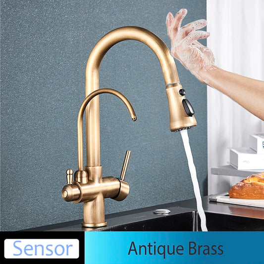 Onyzpily Deck Mounted Brass Dual Handle Kitchen Faucet