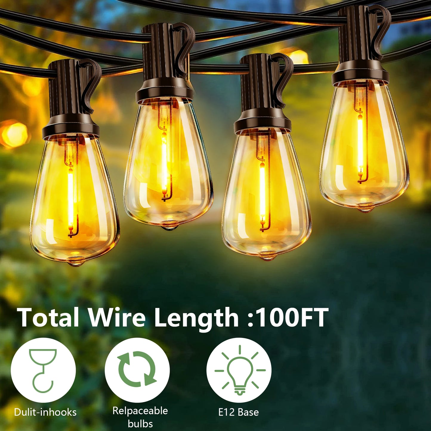 ARLGSITE Solar Outdoor String Lights IP65 Waterproof LED Bulbs