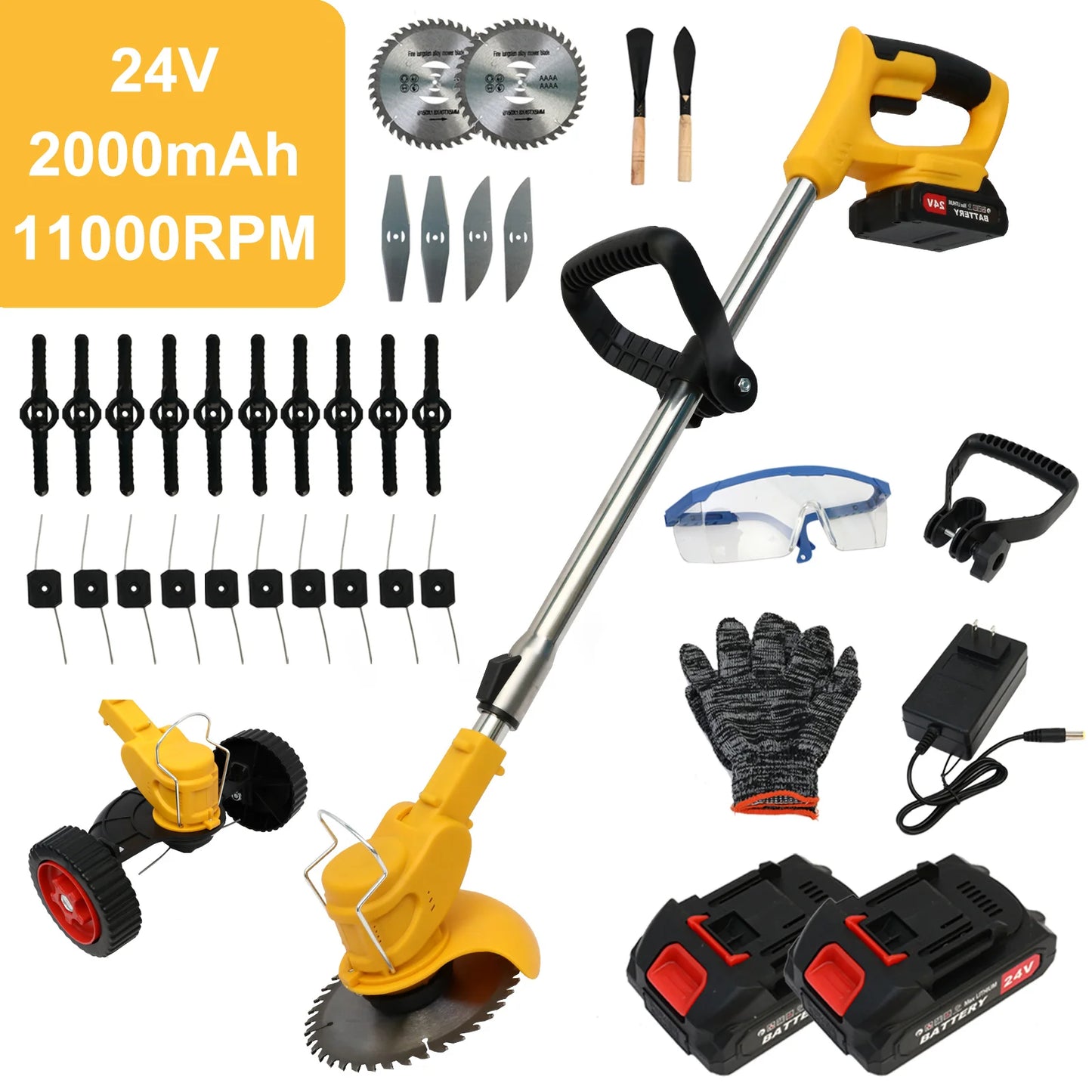 21V Cordless 3-In-1 Grass Trimmer Edger Mower With 2x2.0Ah Batteries