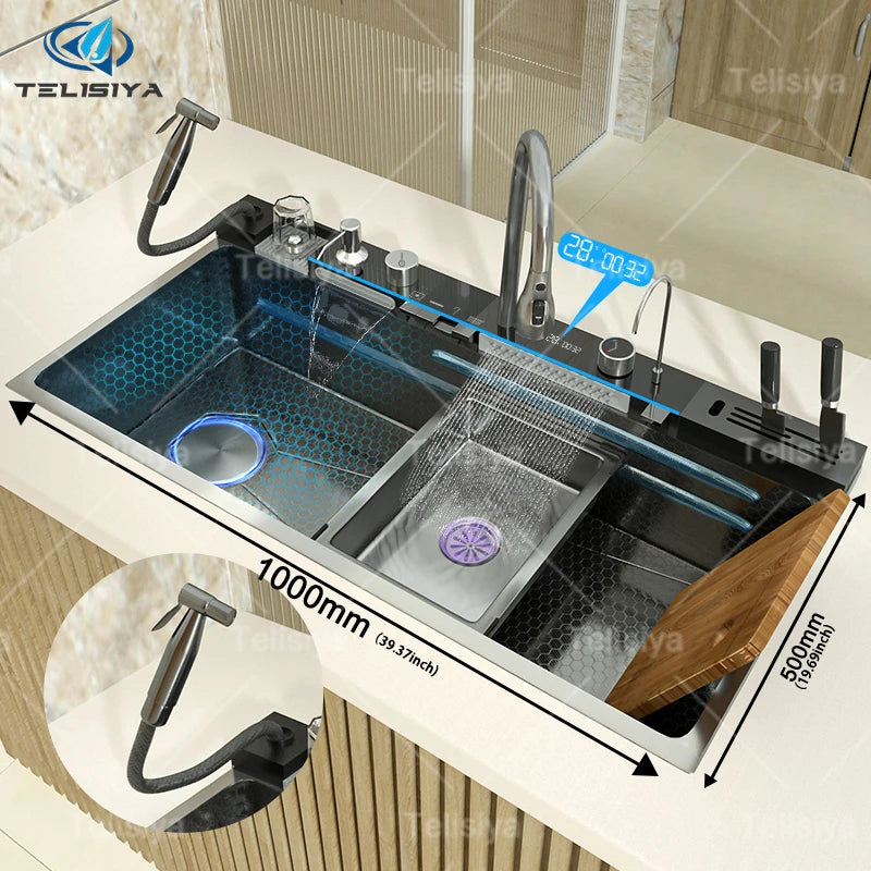 Telisiya Stainless Steel Waterfall Kitchen Sink With Digital Display