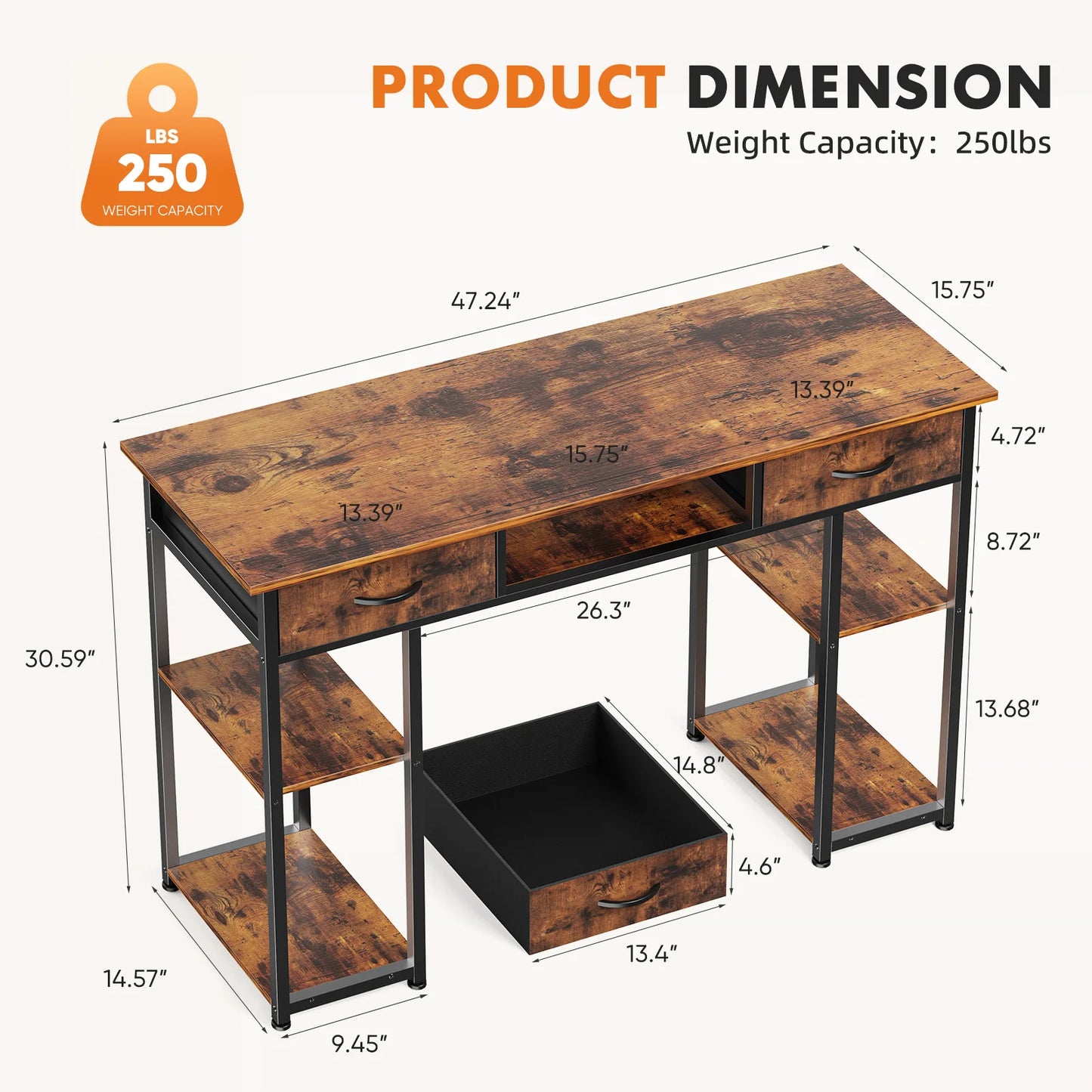 JHK Gaming Desk With Fabric Drawers And Storage Shelves