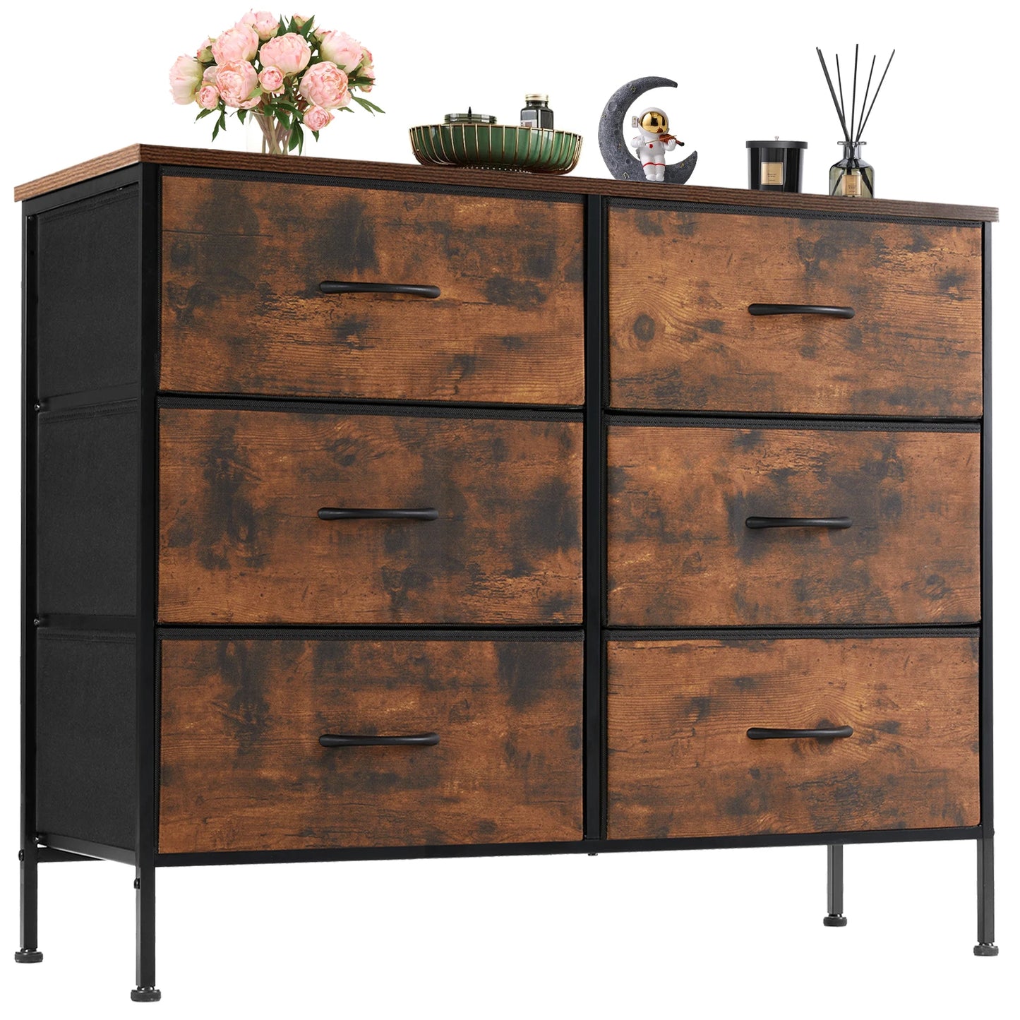JHK 6 Drawer Fabric Nightstand Bedroom Bedside Table With Storage
