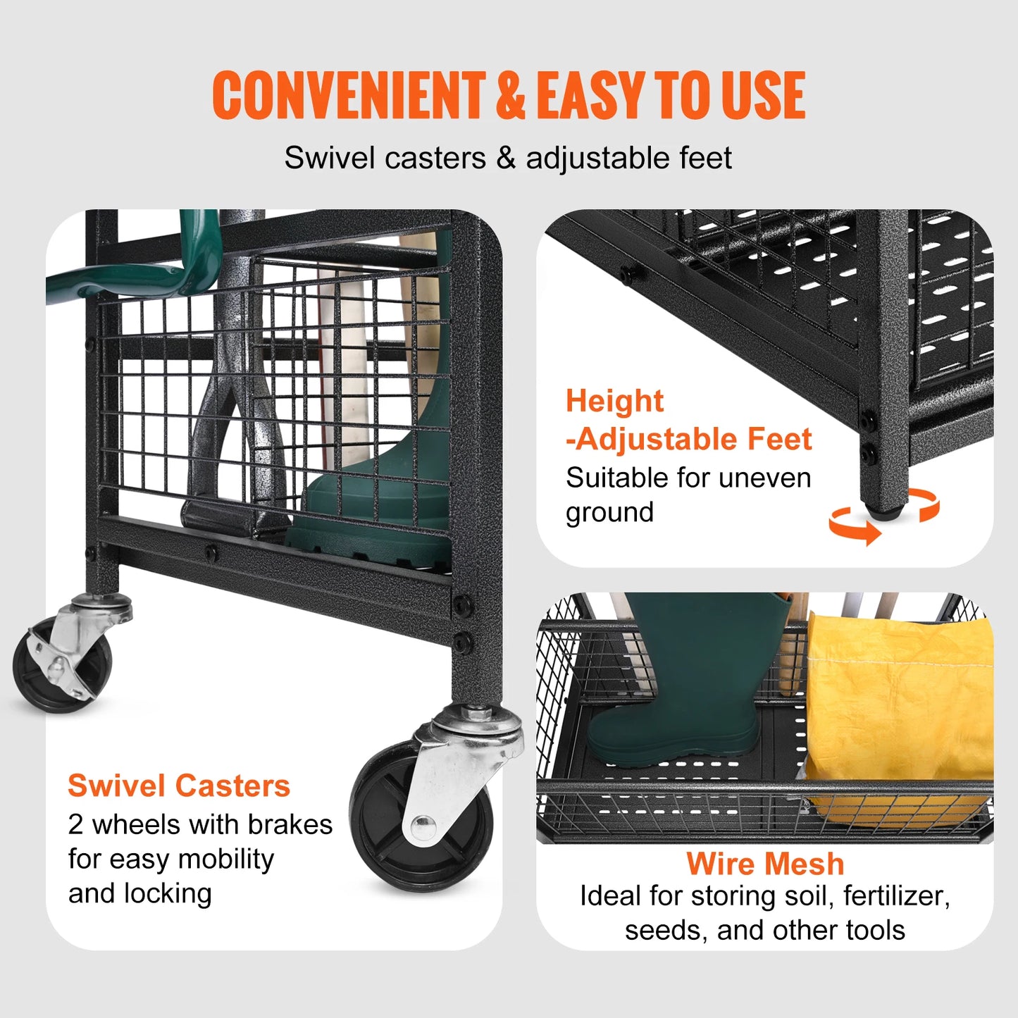 16 Slot Garden Tool Organizer Rack With Hooks And Wheels