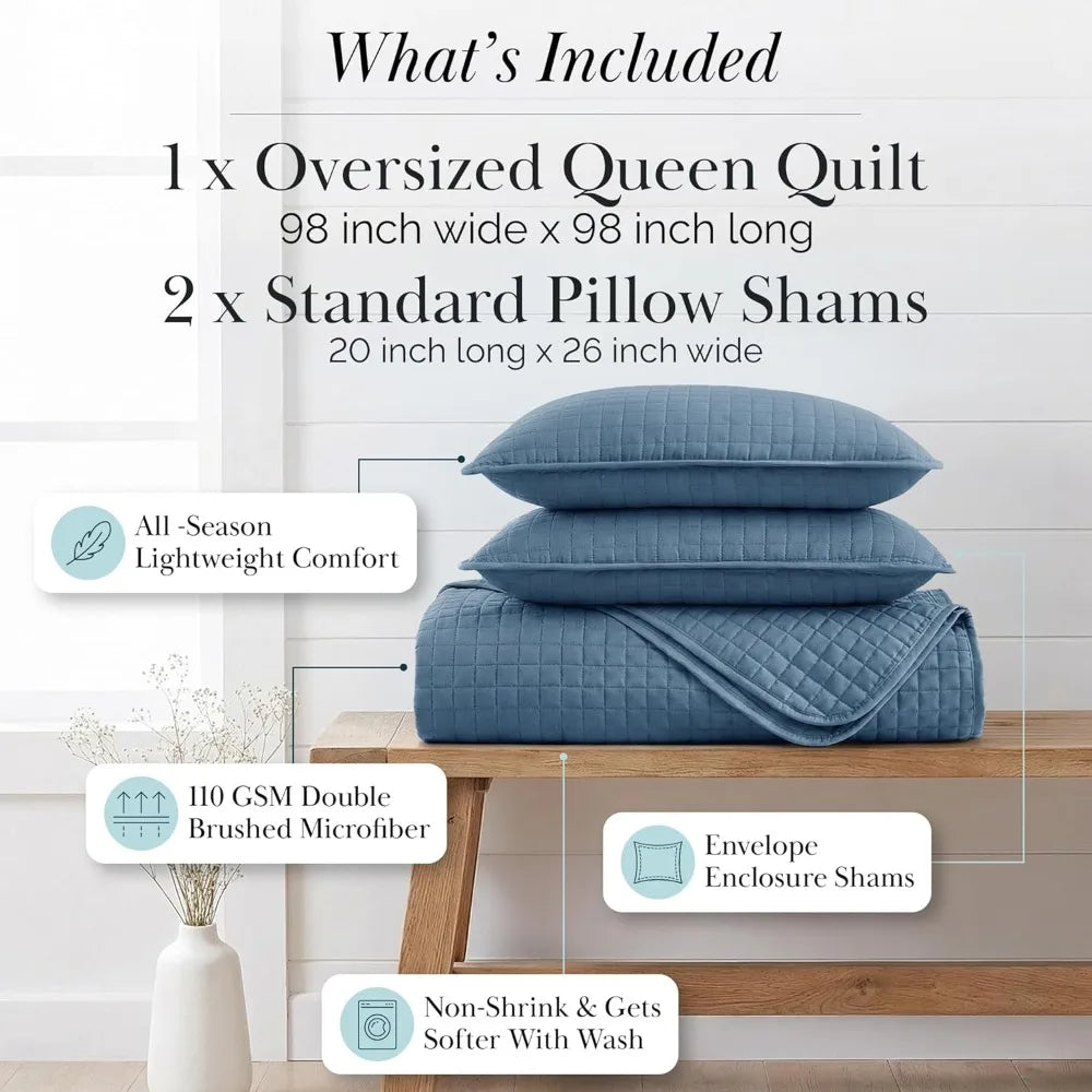 Lightweight Queen Quilt Bedding Set 100% Cotton Pet Resistant