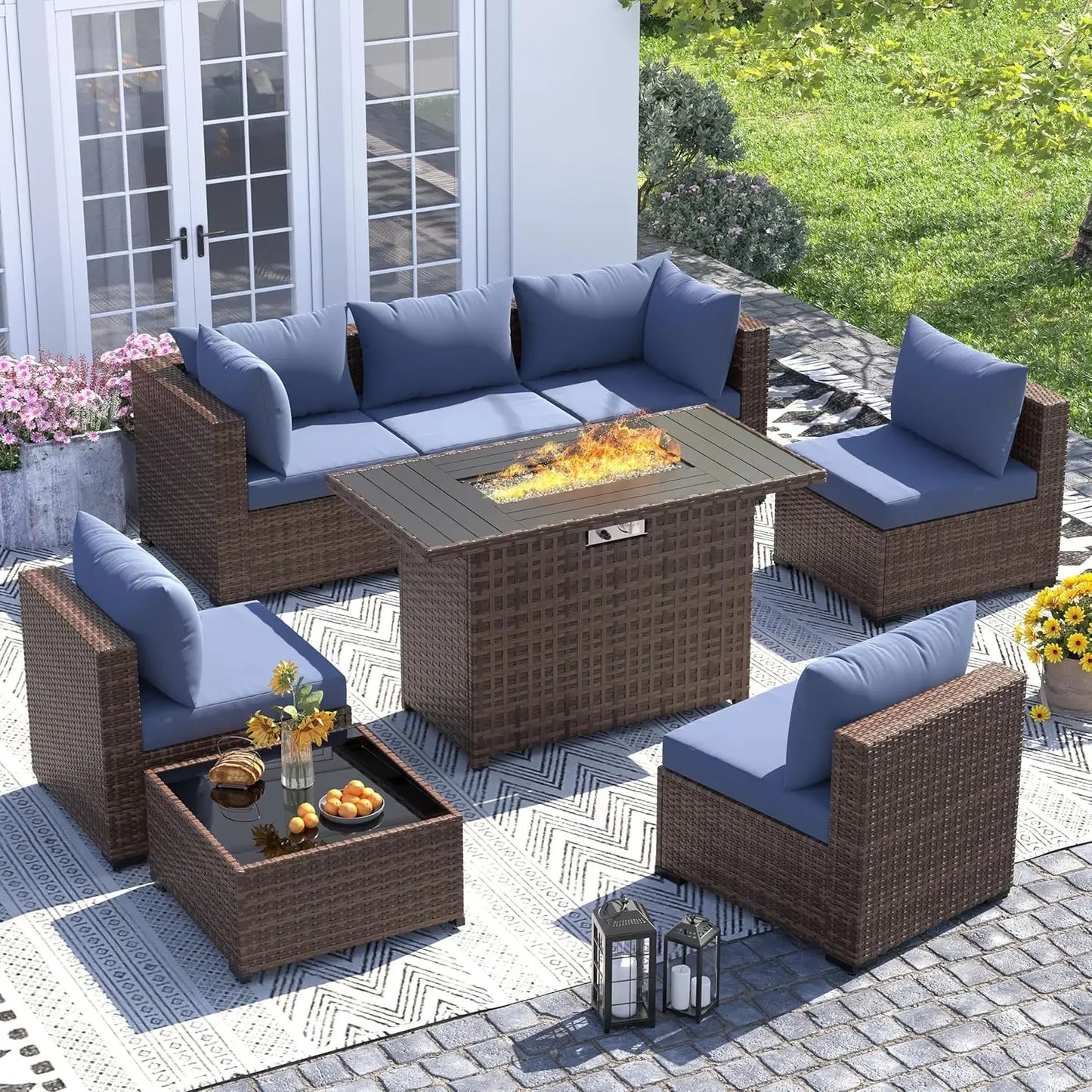 Outdoor Sectional Sofa Set With Fire Pit Table In Wicker