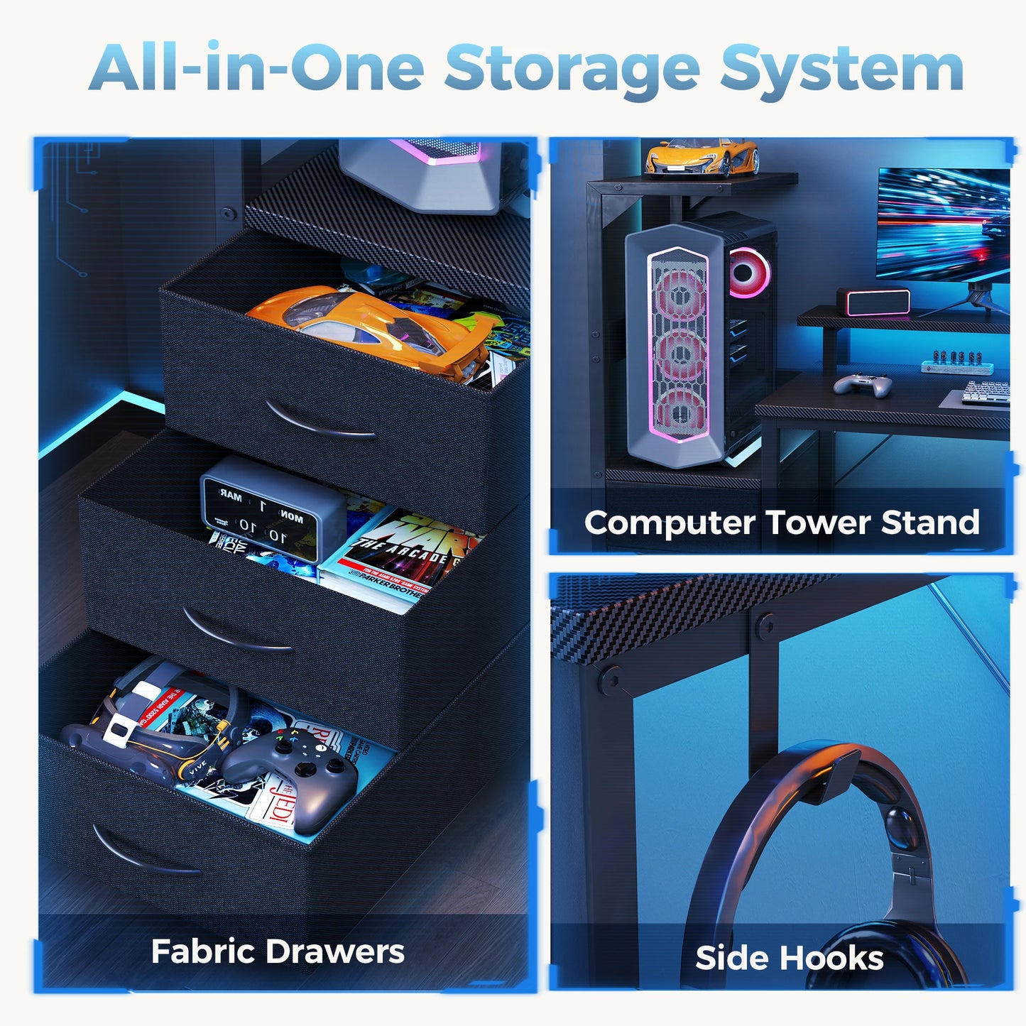 JHK Gaming Desk With LED Lights And 3 Storage Drawers