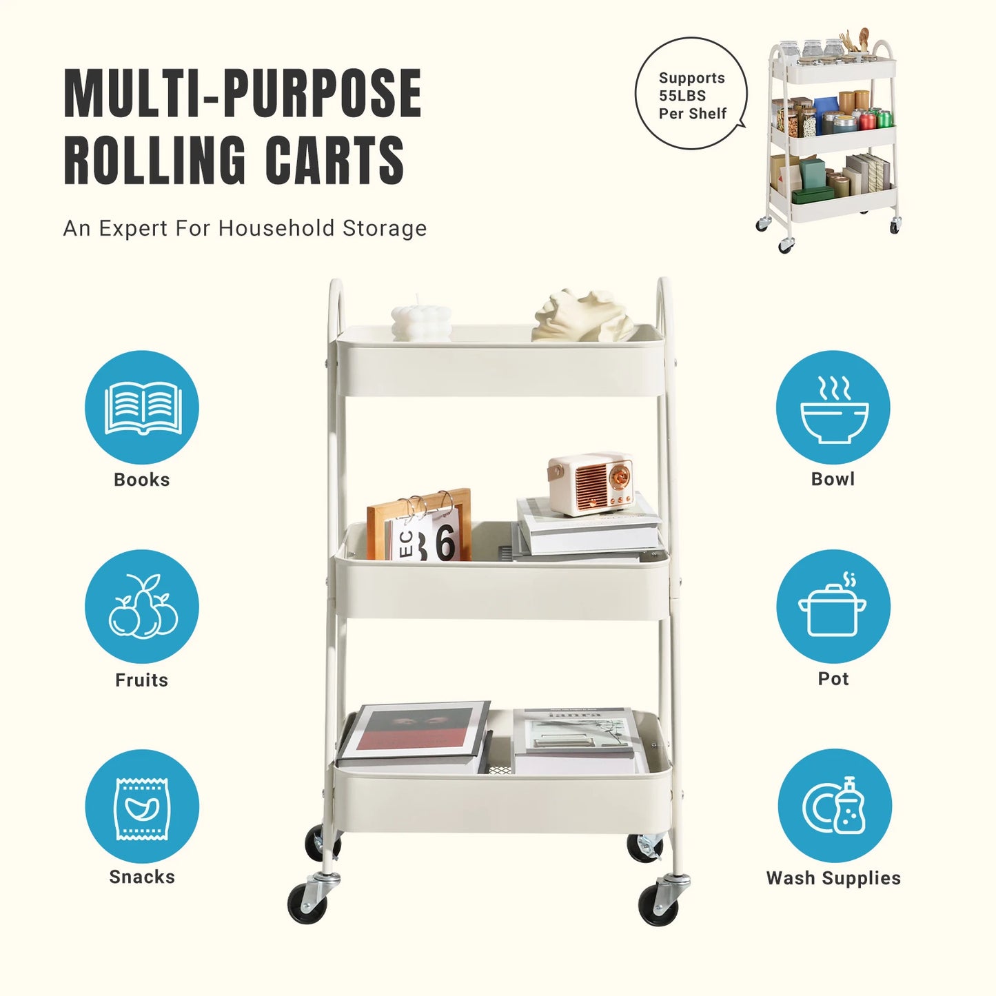JHK Three Tier Metal Storage Cart With Lockable Wheels