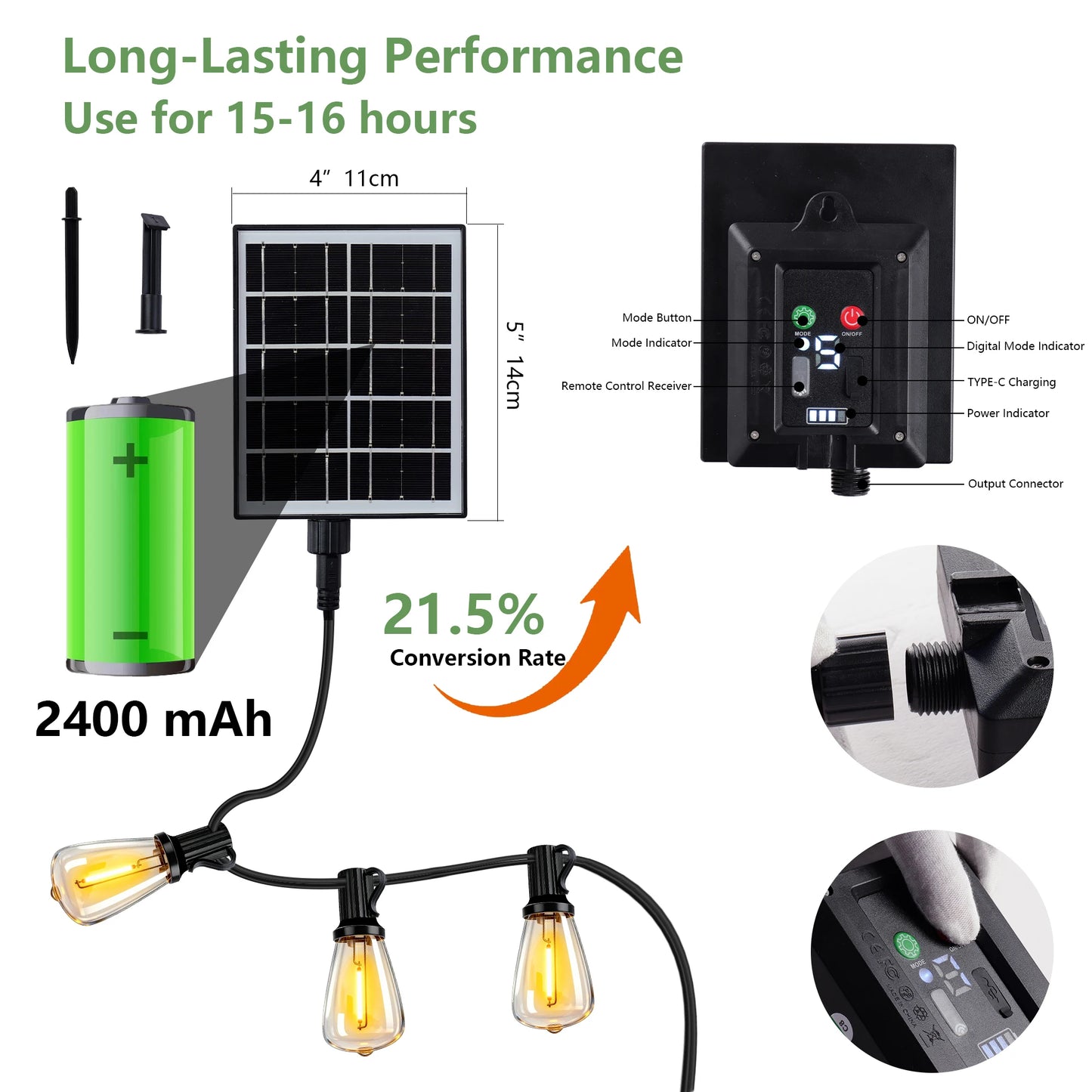 ARLGSITE Solar Outdoor String Lights IP65 Waterproof LED Bulbs