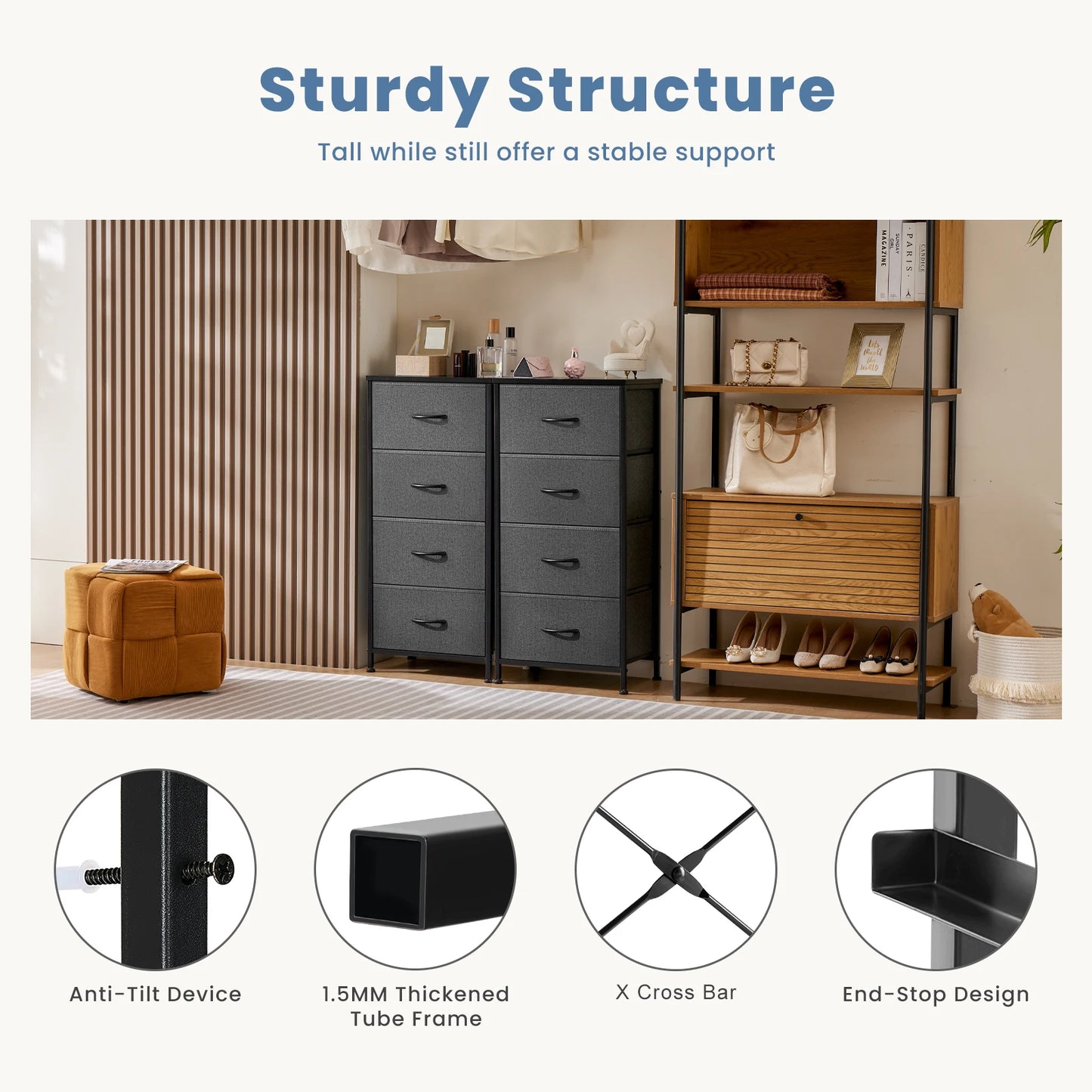 JHK Dresser With 4 Fabric Drawers Nightstand Steel Frame