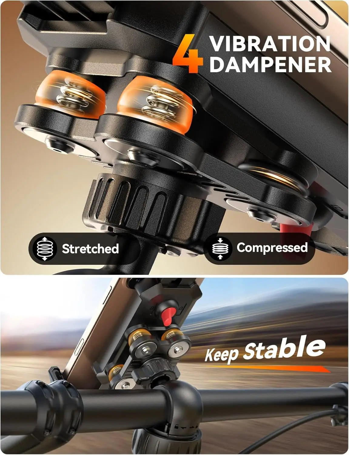 Anti-Shake Bike Phone Holder with Dual Vibration Dampener, Ultra Stable Motorcycle Mount for iPhone & Android 4.7-7”