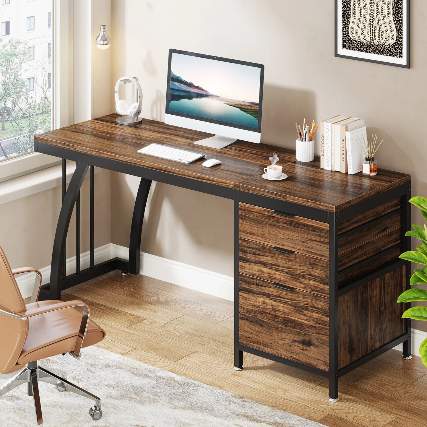 Tribesigns Computer Desk With Three Drawers Industrial Study Table