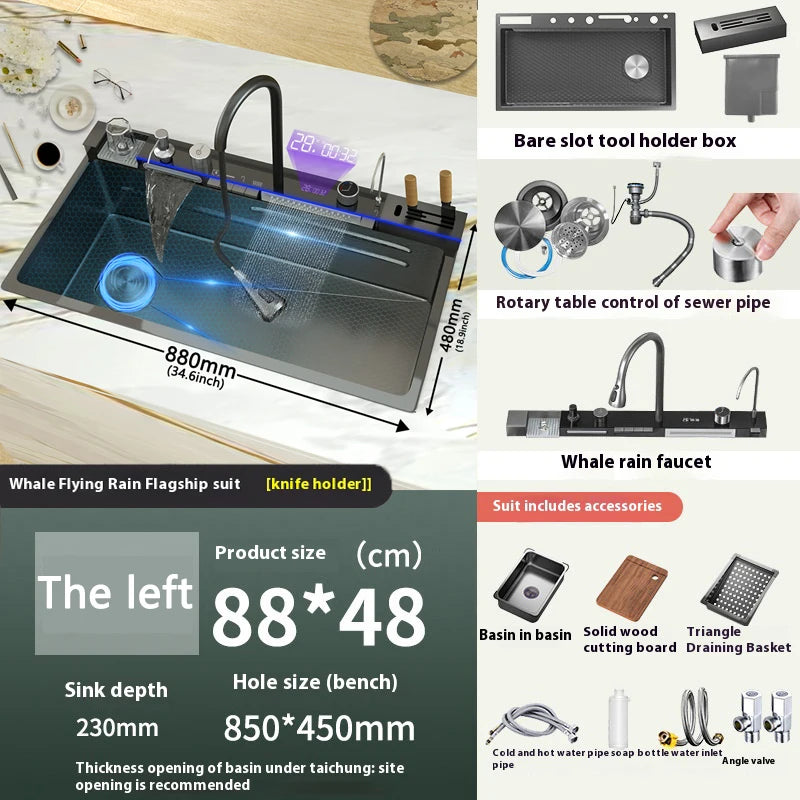 Telisiya Stainless Steel Waterfall Kitchen Sink With Digital Display
