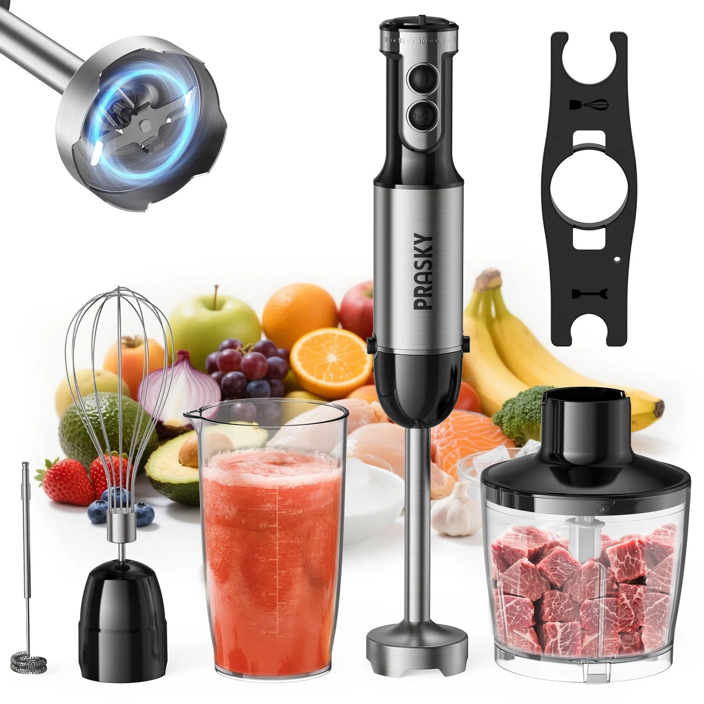 Prasky 5-In-1 Handheld Immersion Blender With Whisk And Meat Chopper