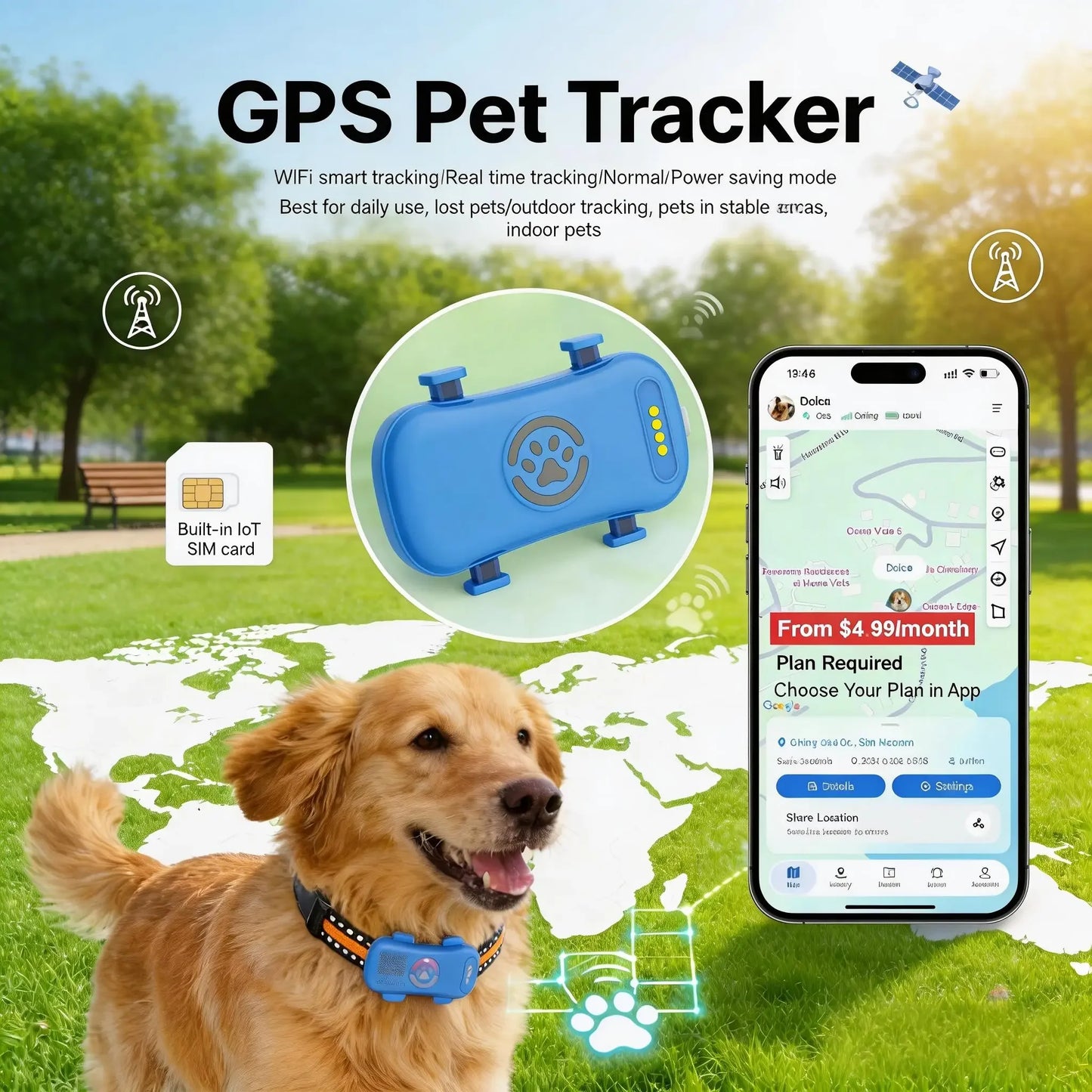 WANWAYTECH GPS Pet Tracker 4G for Dogs Cats RealTime Tracking