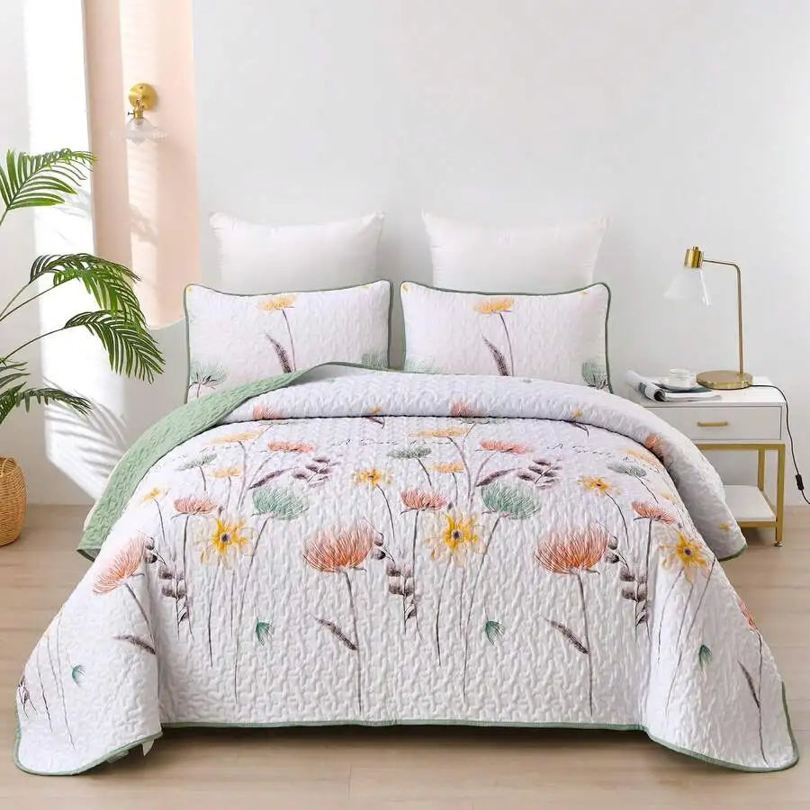 Yellow Paisley Quilt Set 3 Pieces Coverlet Bedding