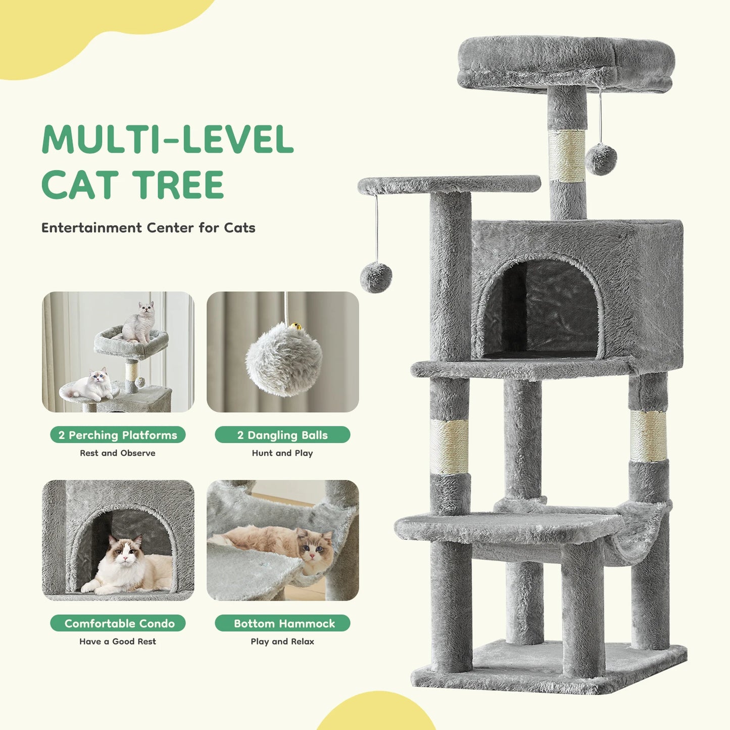 JHK Four Tier Cat Tree With Sisal Posts For Indoor Cats