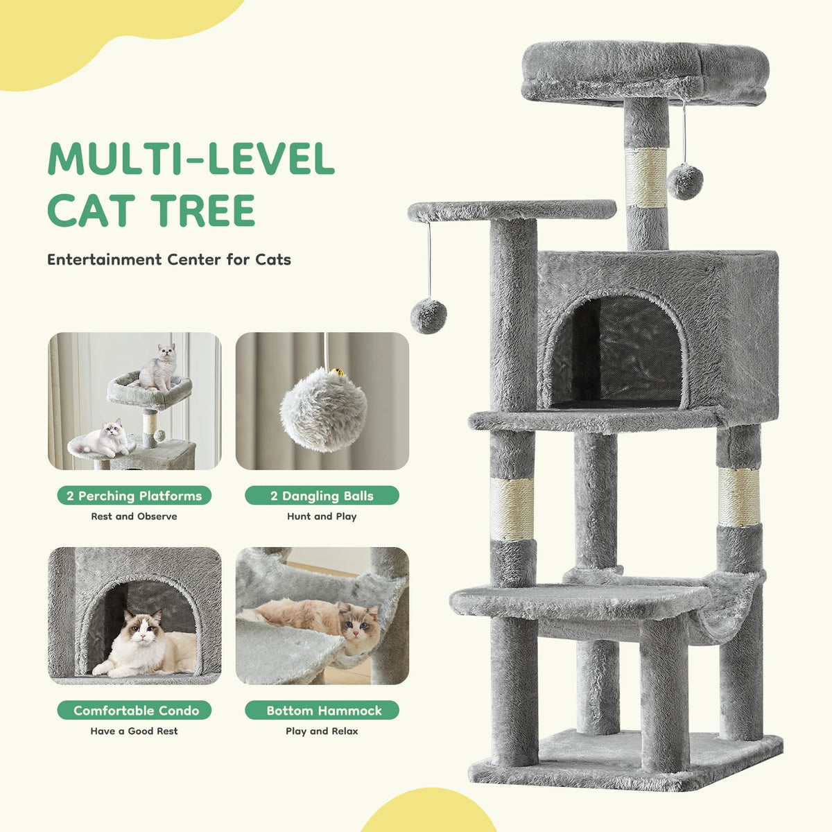 JHK 44 Inch Natural Sisal Tower For Multi Cat Indoor Pet Furniture
