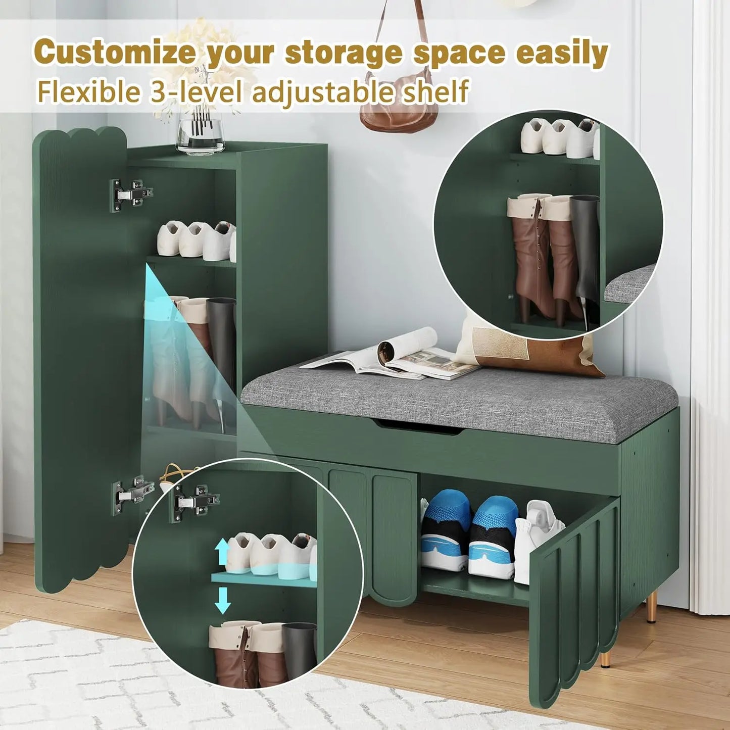 Shoe Organizer Cabinet Entryway Bench With Adjustable Shelves Cushioned Seat