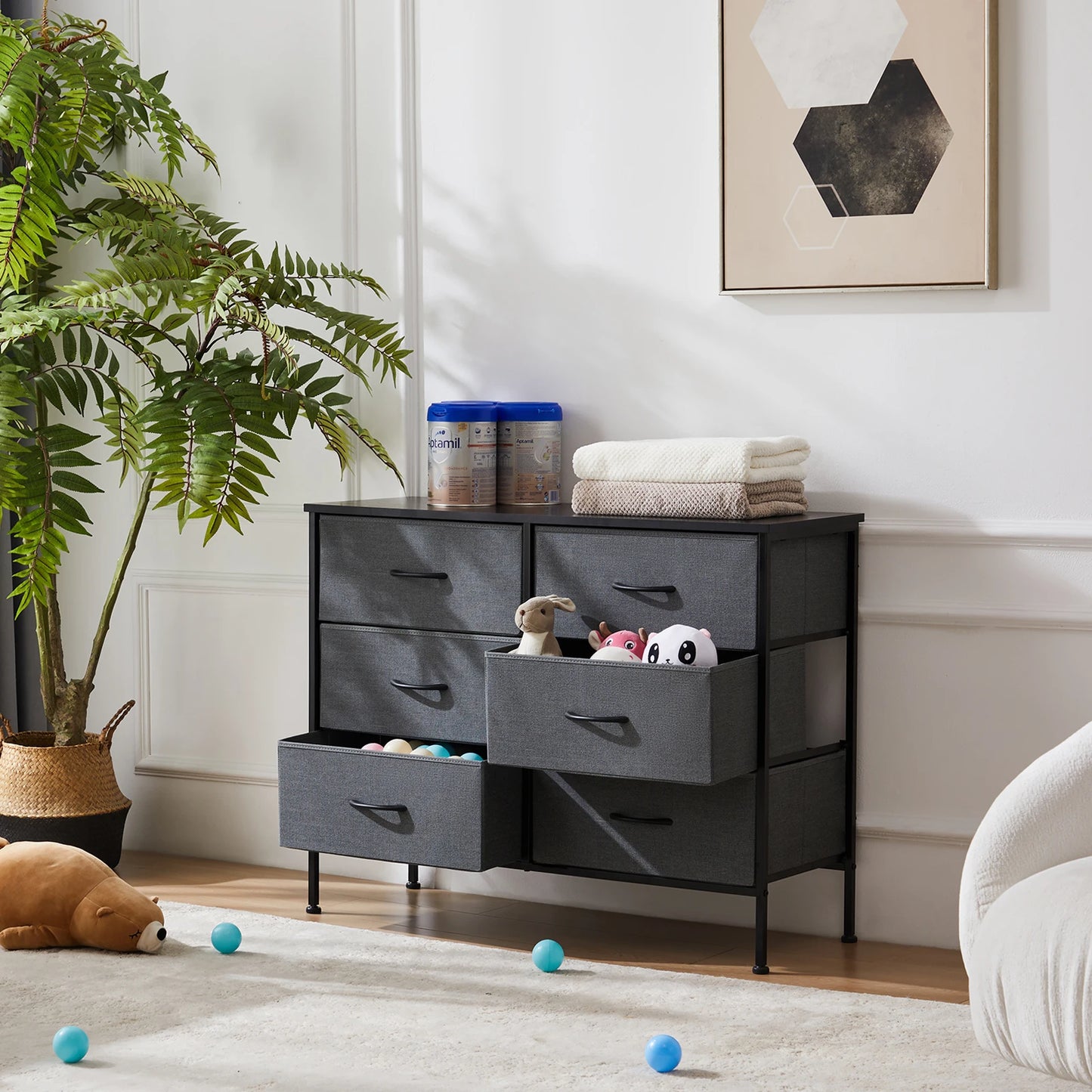 JHK 6 Fabric Drawers Nightstand With Storage Cabinet