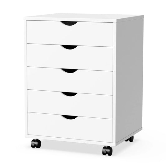 JHK Wood Nightstand Cabinet With Five Drawers On Wheels