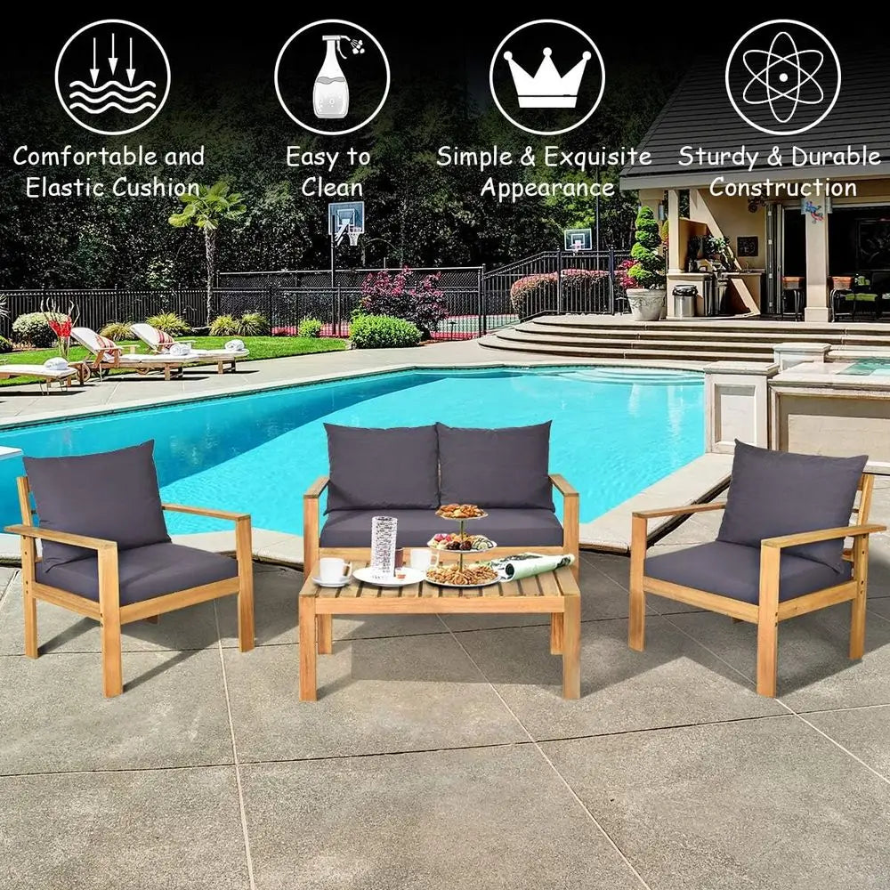 4 Piece Outdoor Acacia Wood Dining Set With Table And Cushions