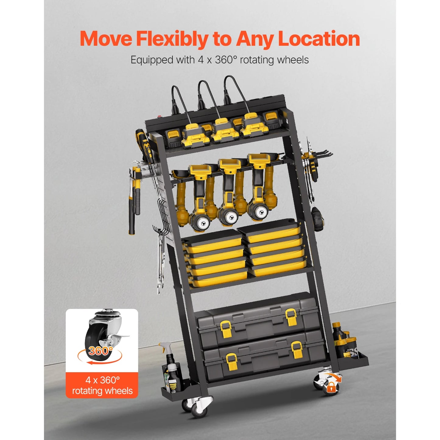 VEVOR 4-Tier Tool Organizer Cart With Charging Station And 8 AC Outlets