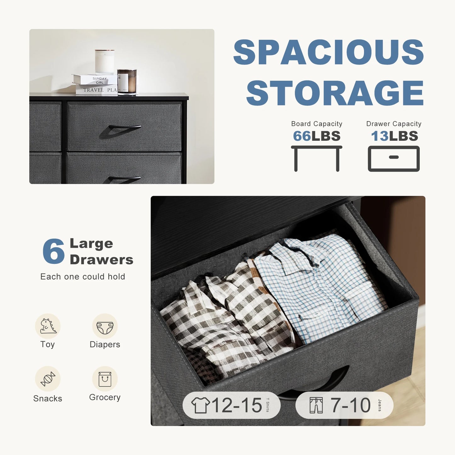 JHK 6 Drawer Fabric Nightstand Bedroom Bedside Table With Storage
