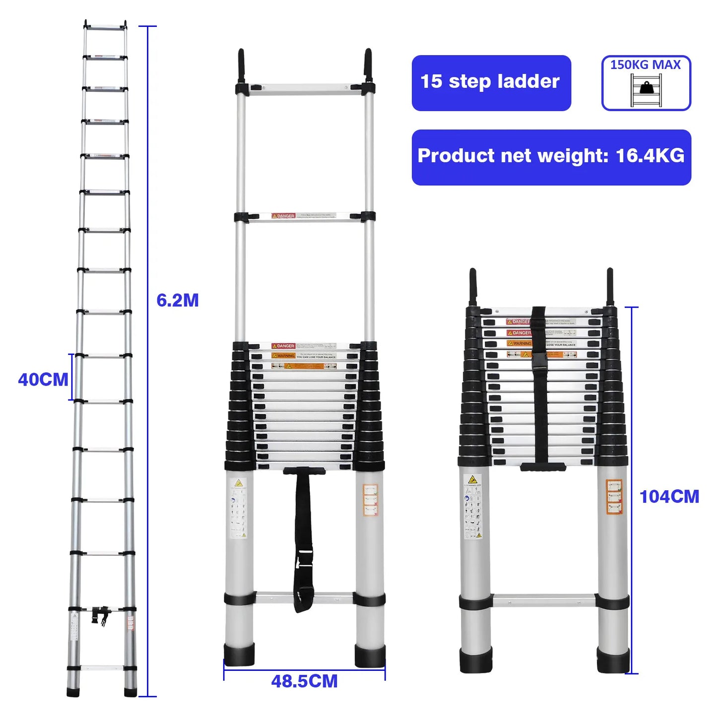 Briefness Telescopic Aluminum Ladder With Detachable Hooks 150kg Capacity