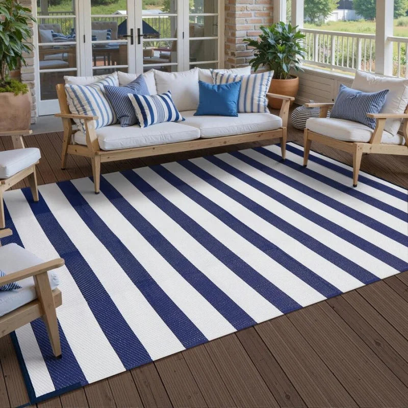 Outdoor Waterproof Patio Rug Striped Reversible With PVC Backing
