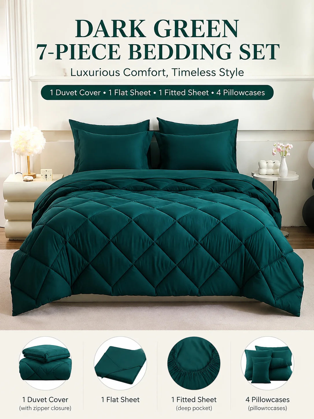 easYum 7-Piece Bedding Set With Comforter Flat Fitted Sheets Pillowcases